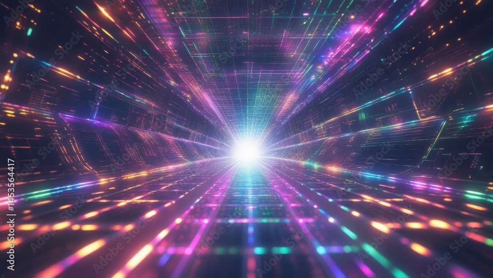 Poster abstract digital tunnel with vibrant colors and glowing lines creating a futuristic and energetic at