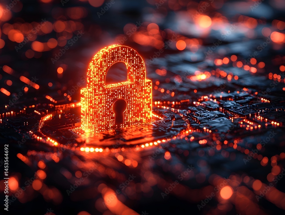Poster glowing digital padlock icon surrounded by binary code
