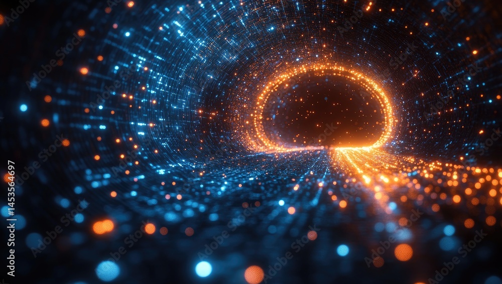 Poster digital tunnel with glowing particles of light.