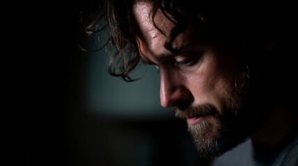 Obraz premium Man in deep thought with a focused gaze, bathed in soft screen glow. A moment of quiet intensity and contemplation. 