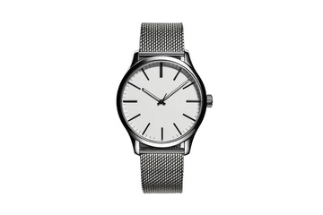 Closeup of a silver wristwatch with a white face and mesh metal band on transparent background