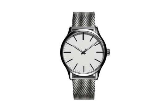 Closeup of a silver wristwatch with a white face and mesh metal band on transparent background