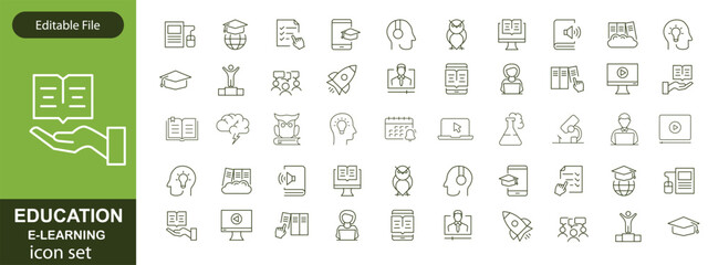 E-learning icon set. Online Education related line icons: e-book, training, distance learning, online learning, webinar, knowledge, study, school and more. Editable stroke. Vector illustration.