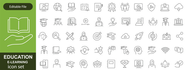 E-learning icon set. Online Education related line icons: e-book, training, distance learning, online learning, webinar, knowledge, study, school and more. Editable stroke. Vector illustration.