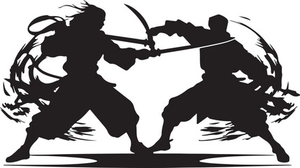 Samurai Sword Fight Silhouette: Intense Duel Illustration of Two Warriors Battling with Katanas in a Dynamic Action Scene, Japanese Martial Arts Art