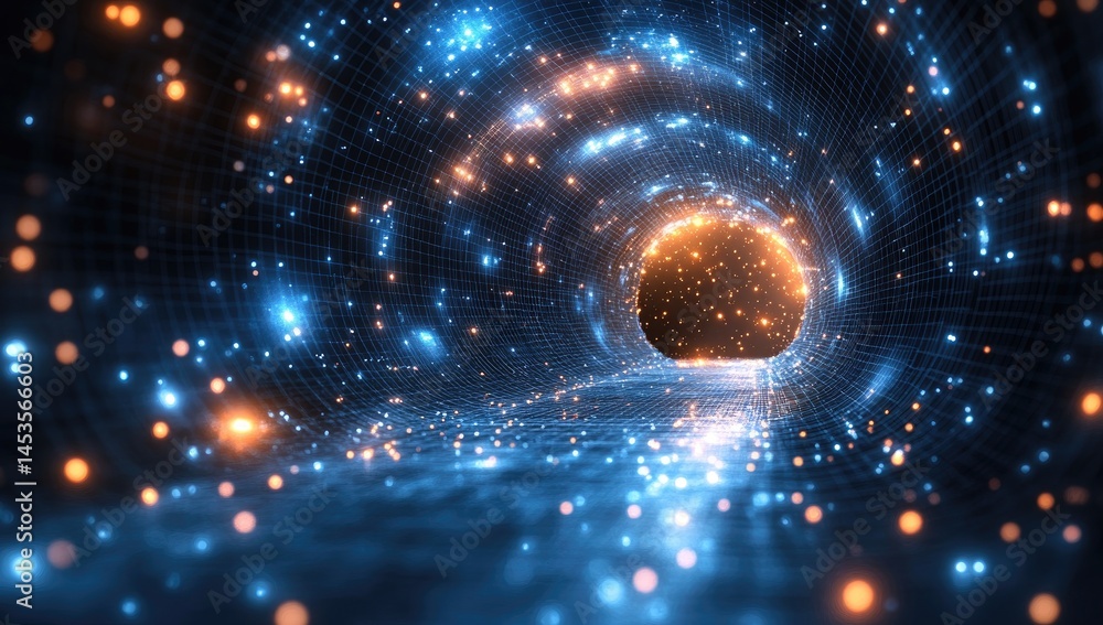 Poster digital tunnel design with glowing particles.