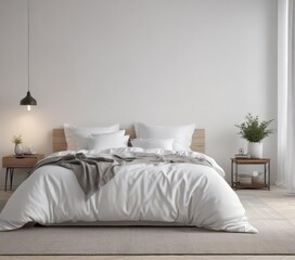 White linens, king bed, minimalist Scandinavian bedroom, serene, luxury, design