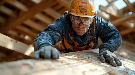 A construction worker in safety gear crawls along a wooden beam, intensely focused on his task amidst a framework of timber