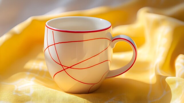 A white color cup on red color lines  a cerami on a yellow background. Selective focus. Horizontal orientation , Minimalism white tea cup
