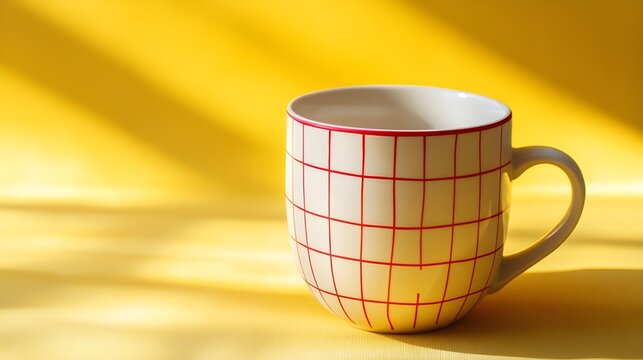 A white color cup on red color lines  a cerami on a yellow background. Selective focus. Horizontal orientation , Minimalism white tea cup

