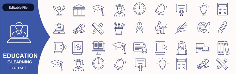 E-learning icon set. Online Education related line icons: e-book, training, distance learning, online learning, webinar, knowledge, study, school and more. Editable stroke. Vector illustration.