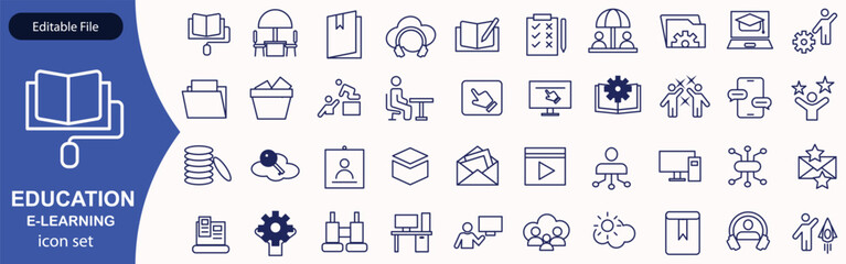 E-learning icon set. Online Education related line icons: e-book, training, distance learning, online learning, webinar, knowledge, study, school and more. Editable stroke. Vector illustration.