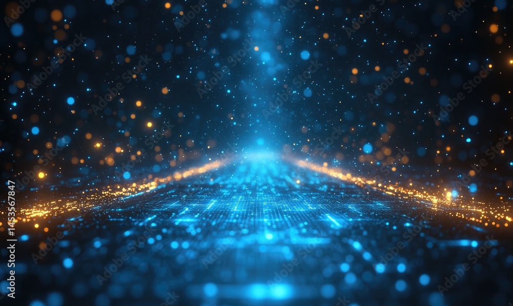 Poster digital pathway of glowing particles in a dark space.