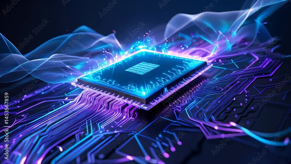 Poster a high-tech digital rendering of a central processing unit (cpu) on a circuit board with a futuristi
