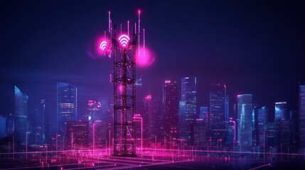 Futuristic communication tower at night, city skyline