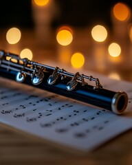 Obraz premium Classical Flute Resting on Sheet Music with Bokeh Lights and Artistic Atmosphere