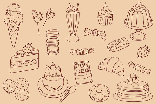 Vector illustration of various desserts and sweets, hand drawn, in minimalistic sketch style. Ideal for menu design, packaging, children's products and branding.