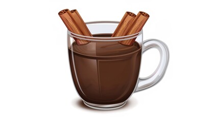 A glass mug filled with rich, warm hot chocolate is placed in isolation on a clean white background, accompanied by a couple of cinnamon sticks that add a touch of aromatic flavor and visual appeal. 