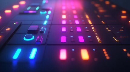 Futuristic audio control panel with vibrant glowing buttons and knobs