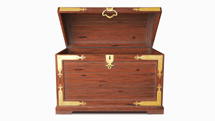 Treasure chest isolated on white background. 3d render illustration empty wooden trunk open.