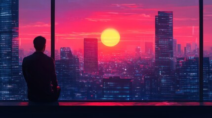 Silhouette figure gazes at sunset city skyline