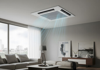 Modern ceiling mounted cassette type air conditioner distributing cool air in room.