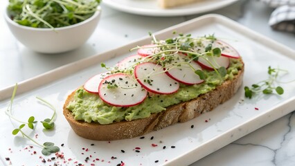 vegan avocado toast with radish and greens