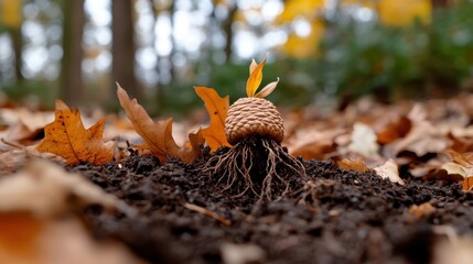 Acorn with roots and shoot emerging, lying on bed of soil and fallen leaves, symbolizing rebirth