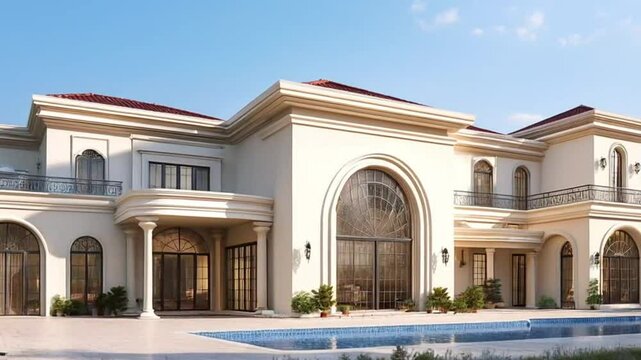 Spacious, light beige mansion with terracotta roof, large arched windows, and outdoor pool area.  Elegant, classical architecture