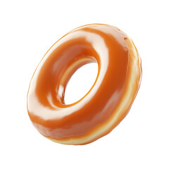 Tasty round donut topped with caramel and vanilla glaze swirl, isolated on white transparent background, concept of sweet dessert snack