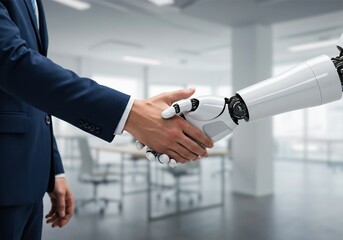 close up of robot hand shaking hands with human businessman to work together to build business