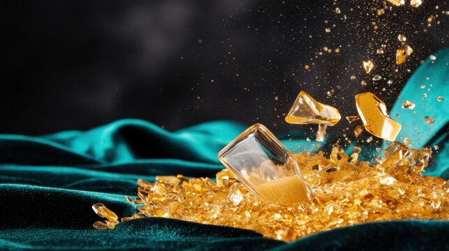 Broken glass and golden sand pouring onto black velvet, time running out metaphor - Powered by Adobe