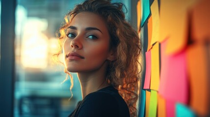 Woman with curly hair leaning against colorful sticky notes