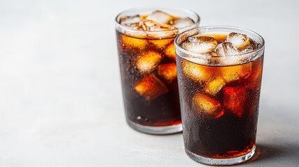 Refreshing Cold Beverage with Ice in Clear Glasses on Gray Background