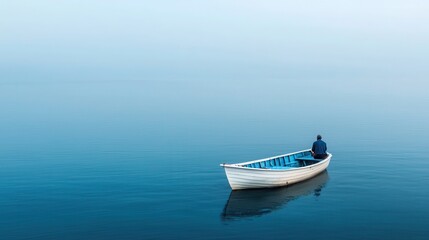 Naklejka premium Serene Rowboat on Calm Waters with a Lone Fisherman at Dawn in a Misty Landscape