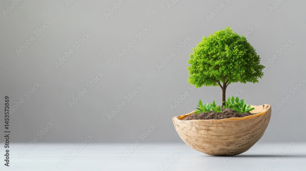 Poster concept tree in walnut shell on neutral background, symbolizing business and green innovation