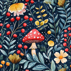 seamless floral pattern with mushrooms, colorful