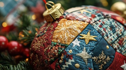 Ornate Christmas ornament crafted from patchwork fabric.
