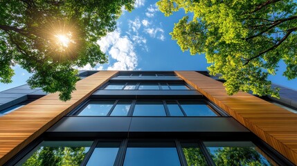 Modern office building with sustainable design elements, surrounded by lush greenery