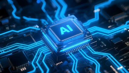 A computer chip with the letters AI on it. The chip is blue and has a futuristic look