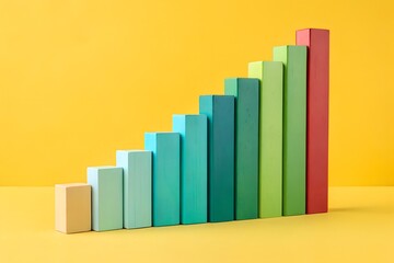 A colorful upward trend bar graph illustrating progress, growth, and success with vibrant shades on yellow backdrop