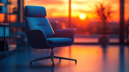 Modern chair in stylish office with sunset view