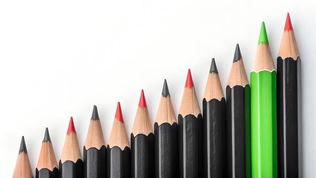 A collection of sharpened pencils arranged in a growing upward trend with a vibrant green pencil standing out on a white surface.