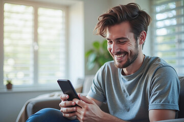 Happy man guy using smartphone at Home, smile and hold phone on he hand with internet technology use of shopping, search, chat, message at inddor living room with beautiful natural light