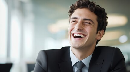 Fototapeta premium young businessman laughing while working in a modern office, cheerful atmosphere