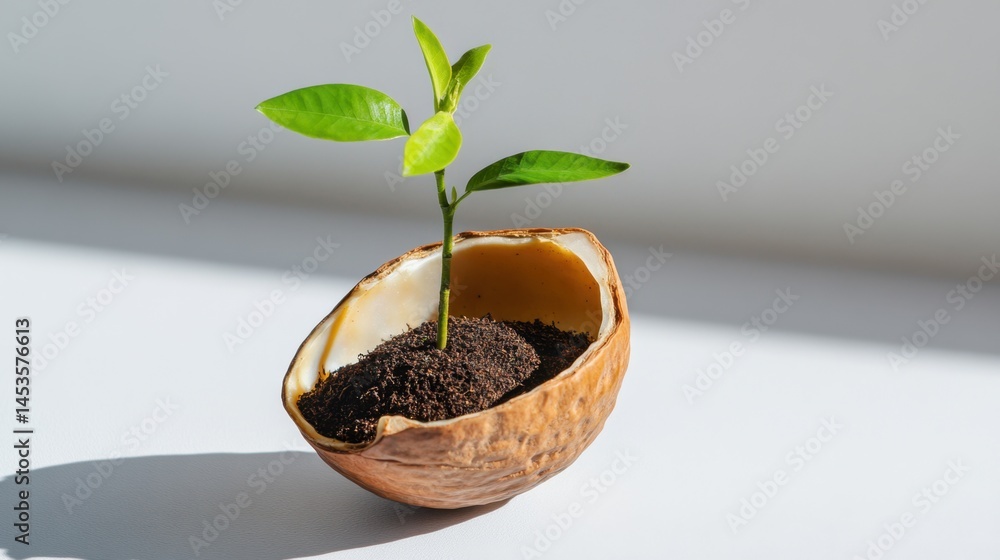 Poster miniature tree planted in walnut shell with soft shadows, concept of nurturing and development