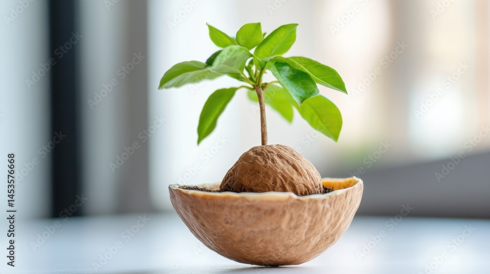 Poster miniature tree planted in walnut shell with soft shadows, concept of nurturing and development