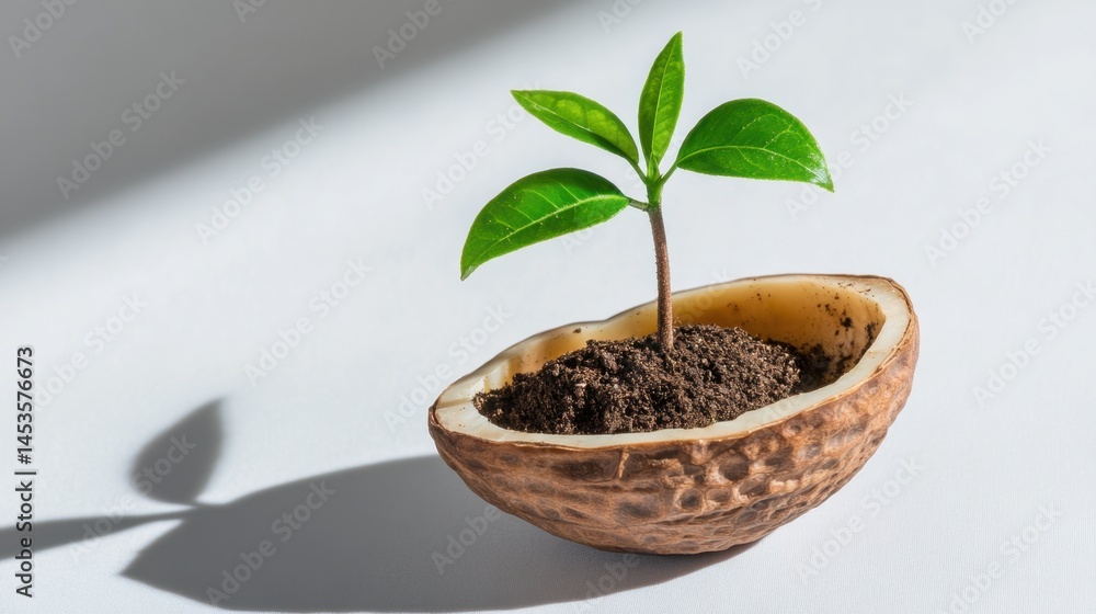 Poster miniature tree planted in walnut shell with soft shadows, concept of nurturing and development