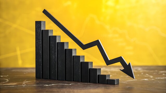 Downward trend depicted by a graph of black blocks with descending arrow representing financial decline on yellow background
