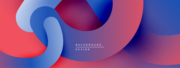 Abstract fluid shapes blend, creating vibrant red, blue, purple gradients. Modern design evokes movement, depth, visual interest.